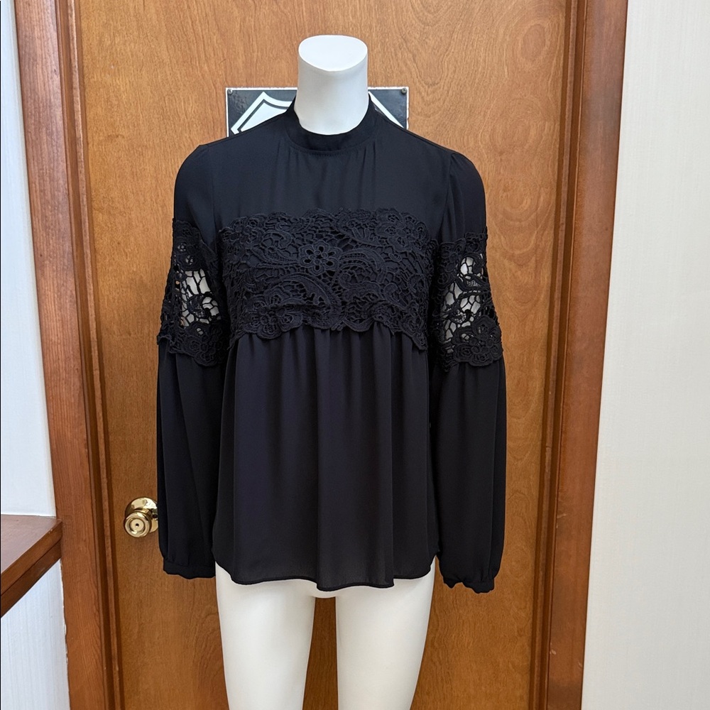 Express Semi Sheer Black Lace Panel Banded Collar LS Blouse Top Gently Worn XS